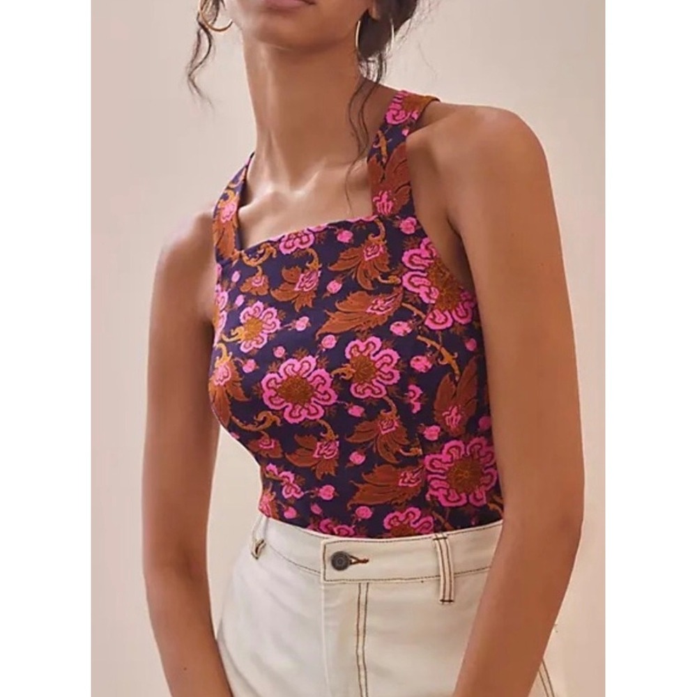 Anthropologie Porridge Floral Crossback Tank Top Pink Fuscia Rose xl boho
